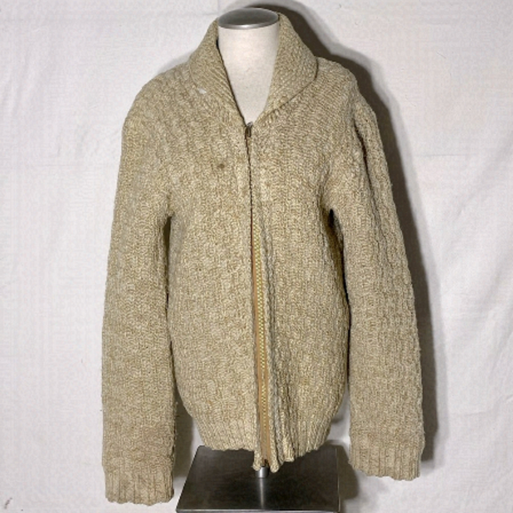 Vintage Hand Knit Ecru Shawl Collar Zip Cardigan Sweater L Dadcore Cottagecore